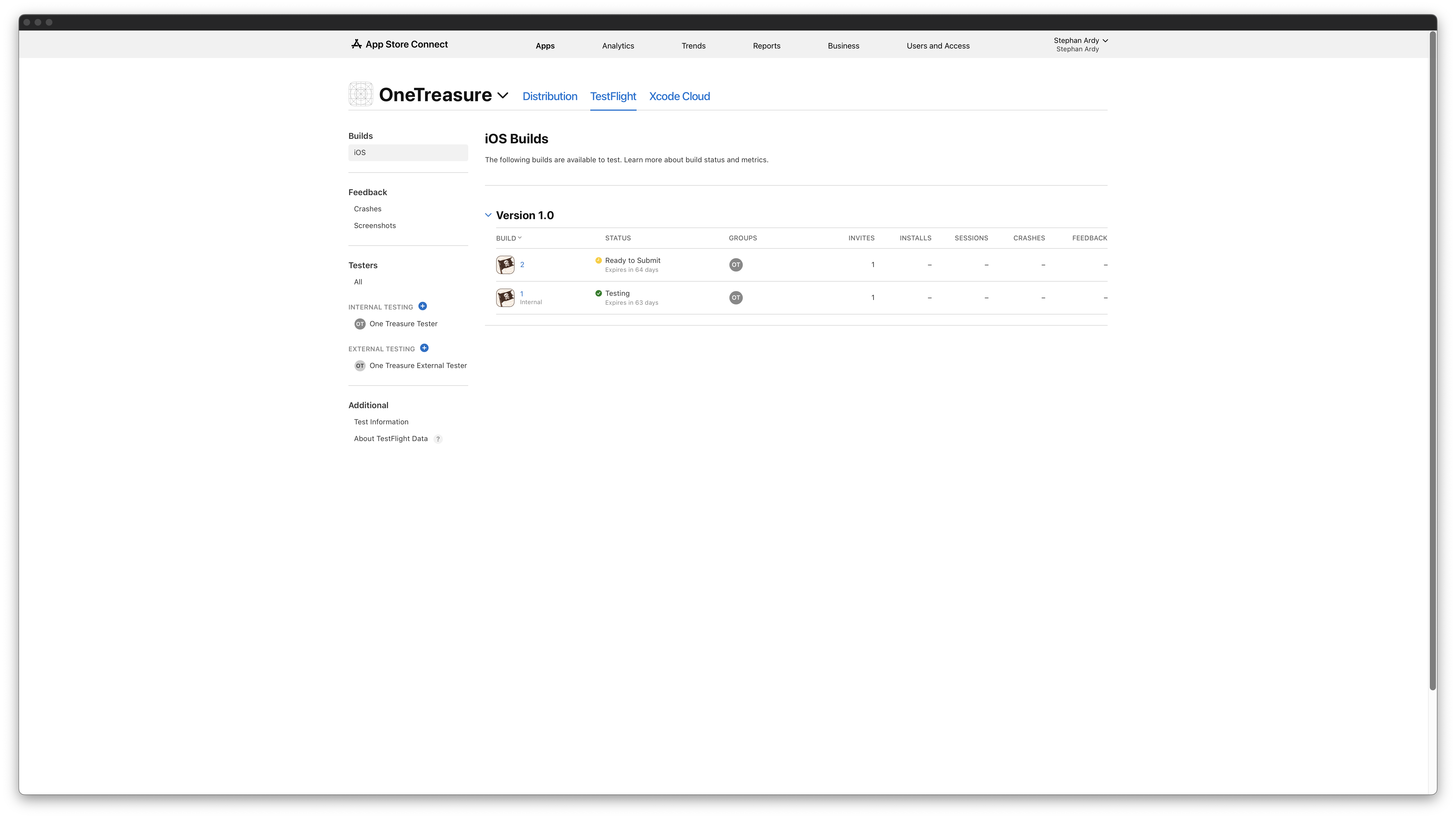 TestFlight dashboard